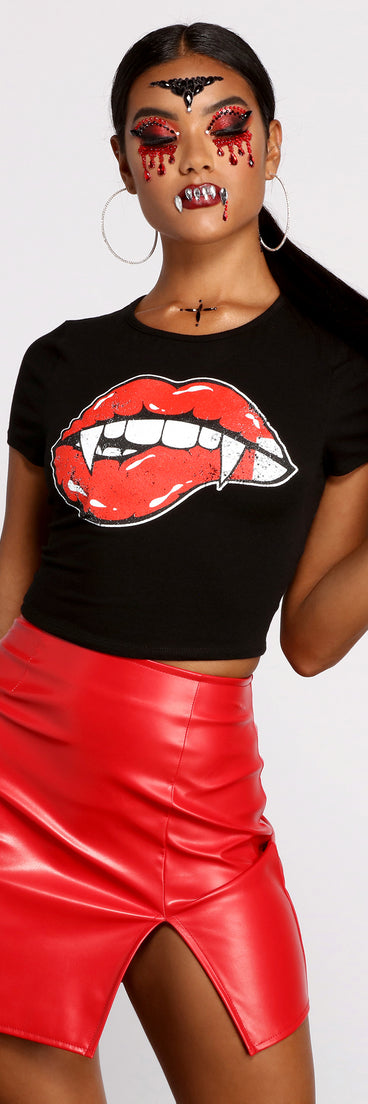 Bite Me Graphic Cropped Tee styled for Halloween with Face Gems, Extra Large Hoops, and Red Patent Leather Mini Skirt