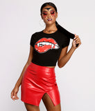 Bite Me Graphic Cropped Tee styled for Halloween with Face Gems, Extra Large Hoops, and Red Patent Leather Mini Skirt