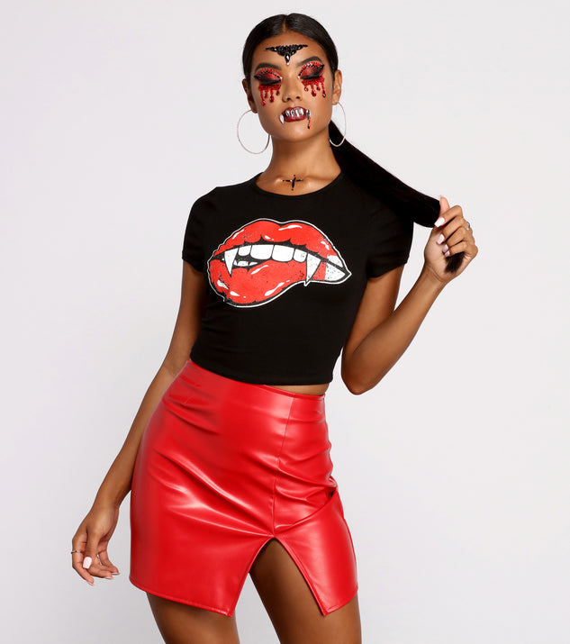 Bite Me Graphic Cropped Tee styled for Halloween with Face Gems, Extra Large Hoops, and Red Patent Leather Mini Skirt