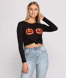 Pumpkin Patch Cropped Long Sleeve Graphic Tee styled Knotted In Front