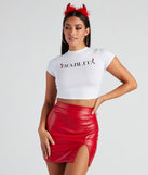 Diablita Crop Top from Windsor’s Halloween graphic tees collection styled with costume devil horns, extra large hoop earrings, and a red faux leather mini skirt
