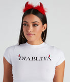 Diablita Screen Print Crop Top for a Halloween costume party ideas styled with devil horns and extra large hoop earrings