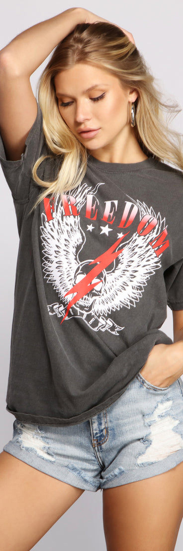 With fun and flirty details, Freedom Oversized Graphic Tee shows off your unique style for a trendy outfit for the summer season!