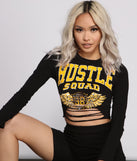 Hustle Squad Long Sleeve Cropped Graphic Top is a trendy pick to create 2023 festival outfits, festival dresses, outfits for concerts or raves, and complete your best party outfits!