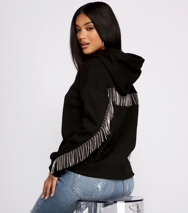 With fun and flirty details, Glam Rhinestone Fringe Hoodie shows off your unique style for a trendy outfit for the summer season!