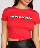 With fun and flirty details, Unavailable Graphic Crop Top shows off your unique style for a trendy outfit for the summer season!