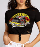 With fun and flirty details, Twisted Knot Brooklyn Freedom Graphic Tee shows off your unique style for a trendy outfit for the summer season!
