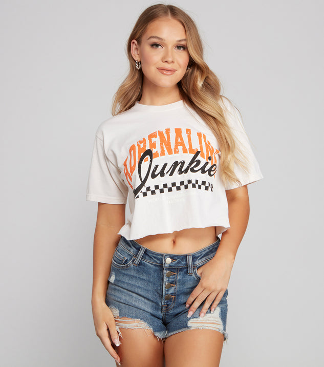 With fun and flirty details, Adrenaline Junkie Graphic Crop Top shows off your unique style for a trendy outfit for the summer season!