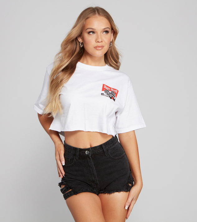 With fun and flirty details, Daredevil Racing Graphic Crop Top shows off your unique style for a trendy outfit for the summer season!