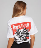 With fun and flirty details, Daredevil Racing Graphic Crop Top shows off your unique style for a trendy outfit for the summer season!