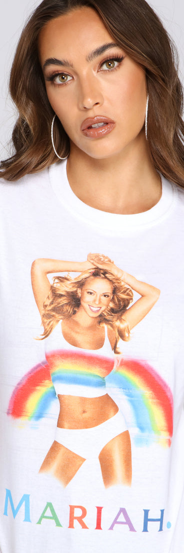 With fun and flirty details, Mariah Carey Rainbow Graphic Tee shows off your unique style for a trendy outfit for the summer season!