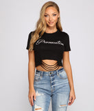 With fun and flirty details, Provocative Graphic Crop Top shows off your unique style for a trendy outfit for the summer season!