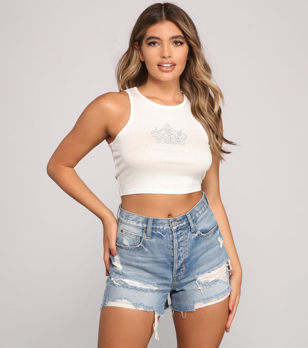 With fun and flirty details, Queen Vibes Rhinestone Crop Top shows off your unique style for a trendy outfit for the summer season!