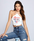 With fun and flirty details, Americana Halter Crop Top shows off your unique style for a trendy outfit for the summer season!
