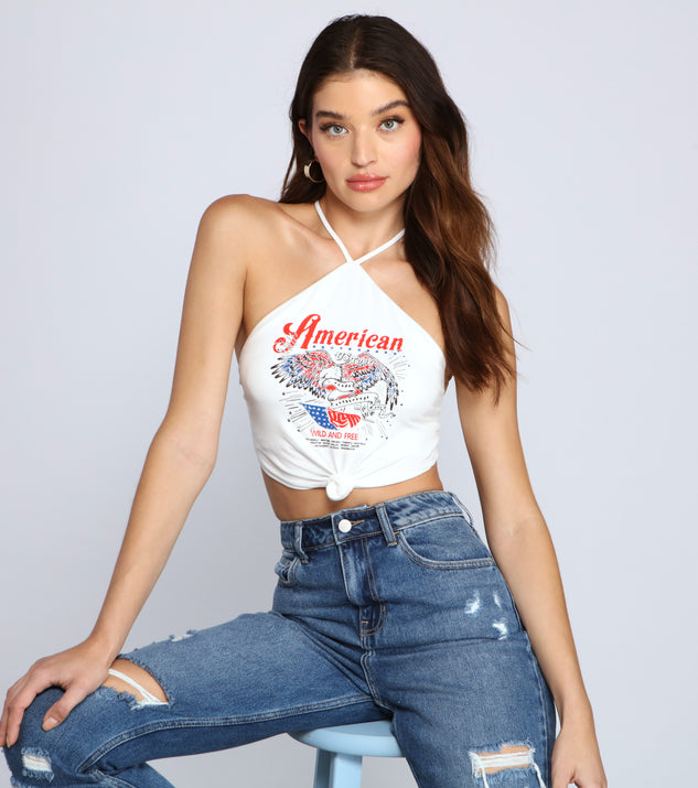 With fun and flirty details, Americana Halter Crop Top shows off your unique style for a trendy outfit for the summer season!