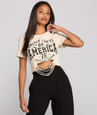 With fun and flirty details, USA Slashed Graphic Crop Top shows off your unique style for a trendy outfit for the summer season!