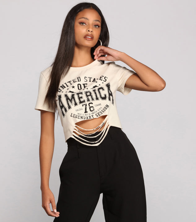 With fun and flirty details, USA Slashed Graphic Crop Top shows off your unique style for a trendy outfit for the summer season!
