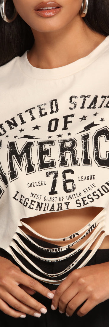 With fun and flirty details, USA Slashed Graphic Crop Top shows off your unique style for a trendy outfit for the summer season!