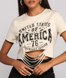 With fun and flirty details, USA Slashed Graphic Crop Top shows off your unique style for a trendy outfit for the summer season!