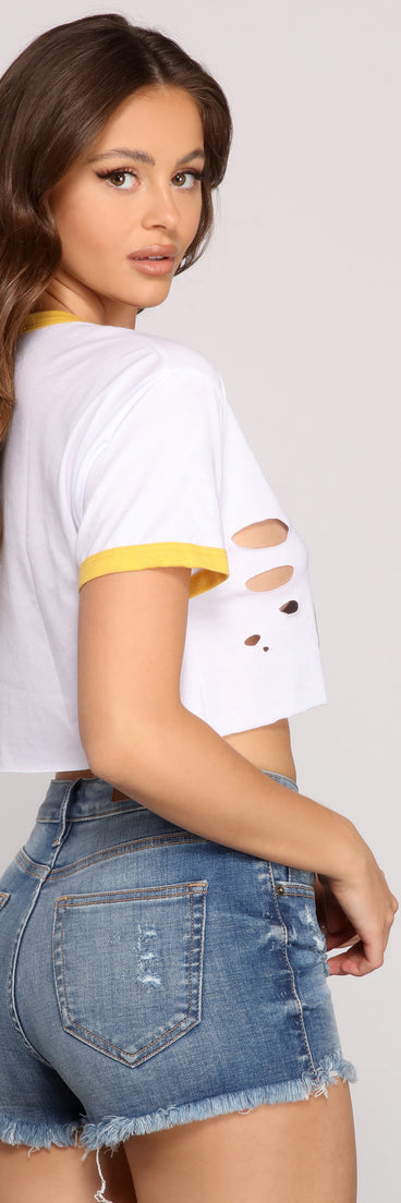 With fun and flirty details, Legendary Distressed Motorcycle Crop Tee shows off your unique style for a trendy outfit for the summer season!