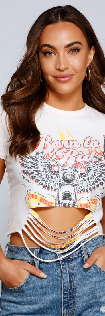 With fun and flirty details, Born To Ride Slashed Graphic Tee shows off your unique style for a trendy outfit for the summer season!