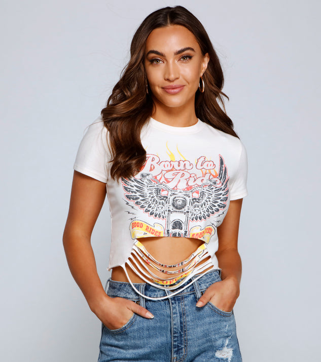 With fun and flirty details, Born To Ride Slashed Graphic Tee shows off your unique style for a trendy outfit for the summer season!