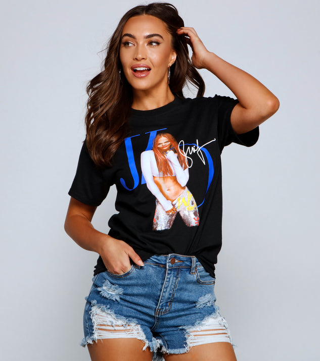 With fun and flirty details, Dance Again JLo Graphic Tee Shirt shows off your unique style for a trendy outfit for the summer season!