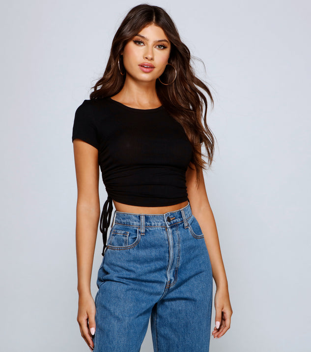 With fun and flirty details, Pull Me In Ruched Ribbed Knit Crop Top shows off your unique style for a trendy outfit for the summer season!