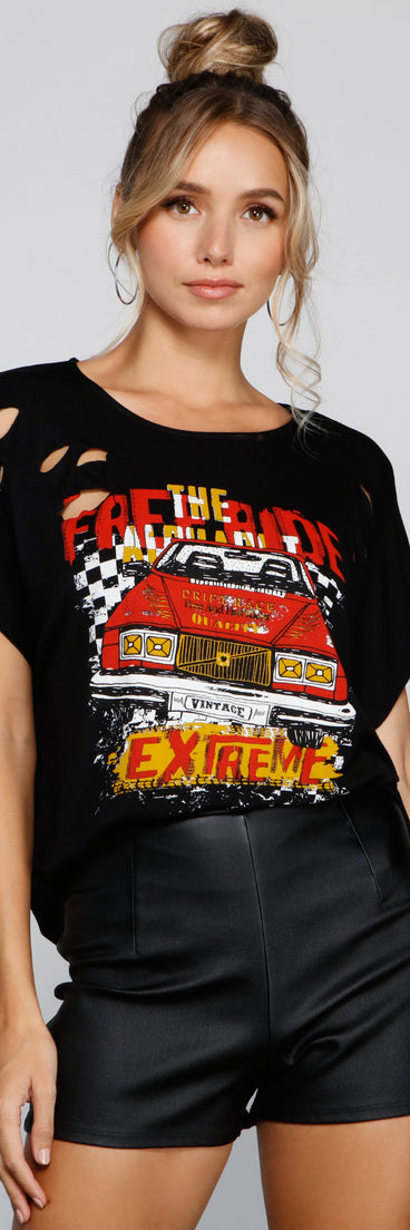 With fun and flirty details, Born For Speed Distressed Graphic Tee shows off your unique style for a trendy outfit for the summer season!