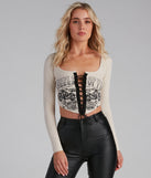 Wheels Of Fire Lace-Up Graphic Top is a trendy pick to create 2023 festival outfits, festival dresses, outfits for concerts or raves, and complete your best party outfits!