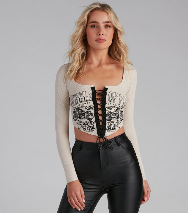 Wheels Of Fire Lace-Up Graphic Top is a trendy pick to create 2023 festival outfits, festival dresses, outfits for concerts or raves, and complete your best party outfits!