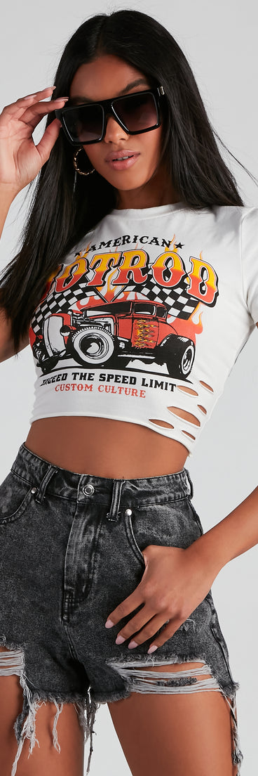 Destructed Hotrod Graphic Cropped Tee is a trendy pick to create 2023 festival outfits, festival dresses, outfits for concerts or raves, and complete your best party outfits!