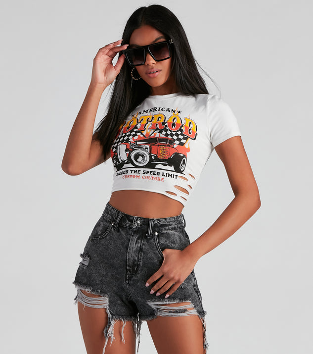Destructed Hotrod Graphic Cropped Tee is a trendy pick to create 2023 festival outfits, festival dresses, outfits for concerts or raves, and complete your best party outfits!