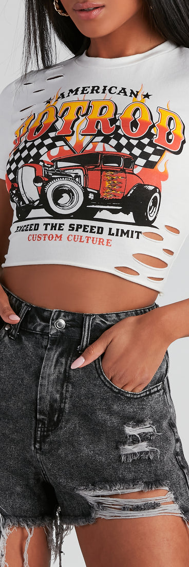 With fun and flirty details, Destructed Hotrod Graphic Cropped Tee shows off your unique style for a trendy outfit for the summer season!