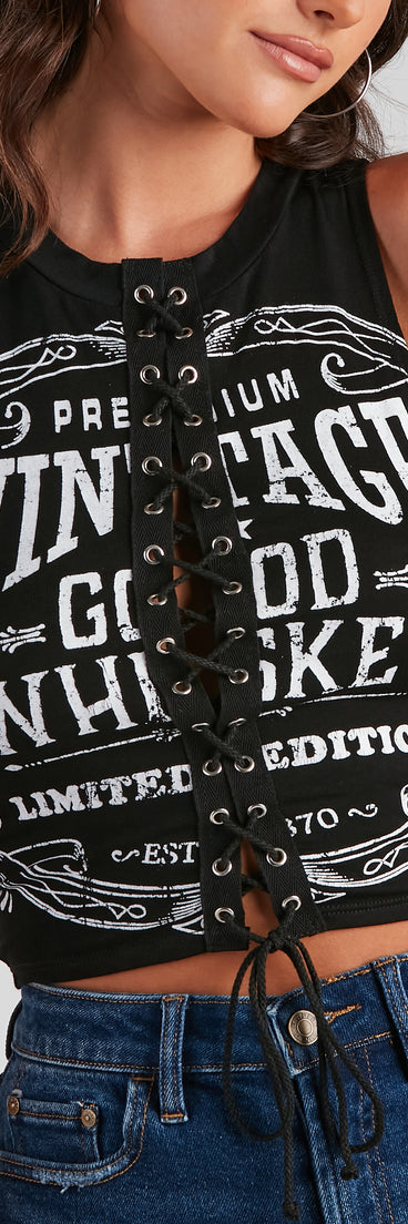 Dress up in Whiskey Girl Lace-Up Graphic Top as your going-out dress for holiday parties, an outfit for NYE, party dress for a girls’ night out, or a going-out outfit for any seasonal event!