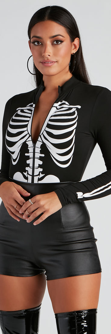 Sultry Skeleton Print Mock Neck Bodysuit styled for Halloween costume parties