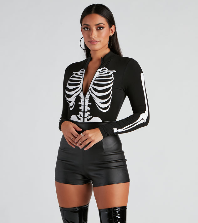 Sultry Skeleton Print Mock Neck Bodysuit styled for Halloween costume parties