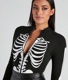 Zipper front on long sleeve skeleton print bodysuit with mock neckline