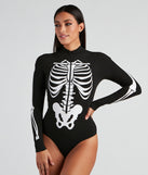 Front view of long sleeve skeleton print bodysuit