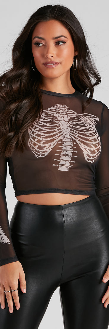 Sultry Skeleton Mesh Crop Top for Halloween 2022 costume parties