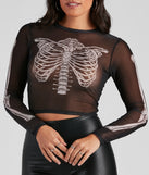 Front skeleton print on Sultry Skeleton Crop Top In Black Mesh