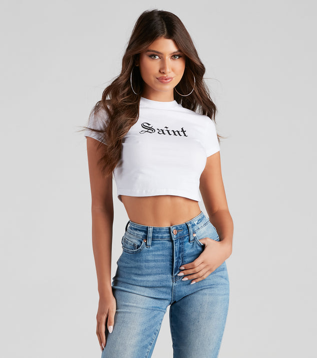 Saint Graphic Print Crop Top from Windsor’s Halloween graphic tees collection styled with women’s jeans for an easy party outfit