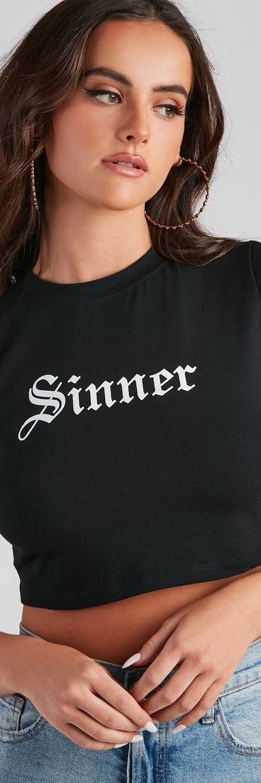 Women's Halloween graphic print crop top with screen print of the word sinner