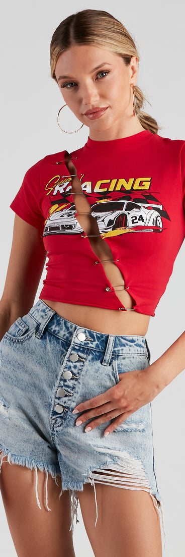 Speedster Racing Graphic Crop Top is a trendy pick to create 2023 festival outfits, festival dresses, outfits for concerts or raves, and complete your best party outfits!