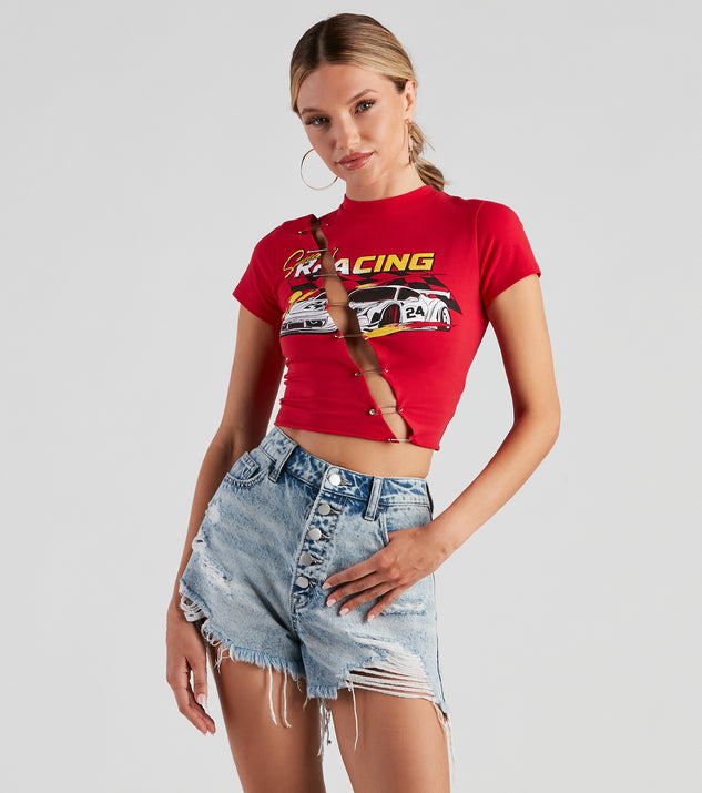 Speedster Racing Graphic Crop Top is a trendy pick to create 2023 festival outfits, festival dresses, outfits for concerts or raves, and complete your best party outfits!