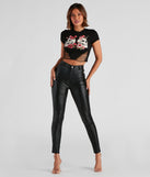 Spooky Skull And Rose Graphic Tee styled with faux leather pants and clear heels for an easy Halloween party outfit