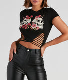 Slashed Graphic Tee For Women With A Skull And Rose Print styled as a Halloween party outfit with faux leather pants