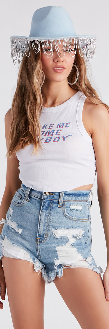 Take Me Home Cowboy Graphic Tank Top is a fire pick to create 2023 festival outfits, concert dresses, outfits for raves, or to complete your best party outfits or clubwear!