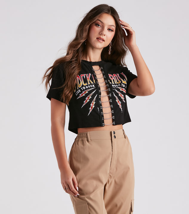Girls Rock Chain Trim Graphic Tee is a fire pick to create 2023 festival outfits, concert dresses, outfits for raves, or to complete your best party outfits or clubwear!