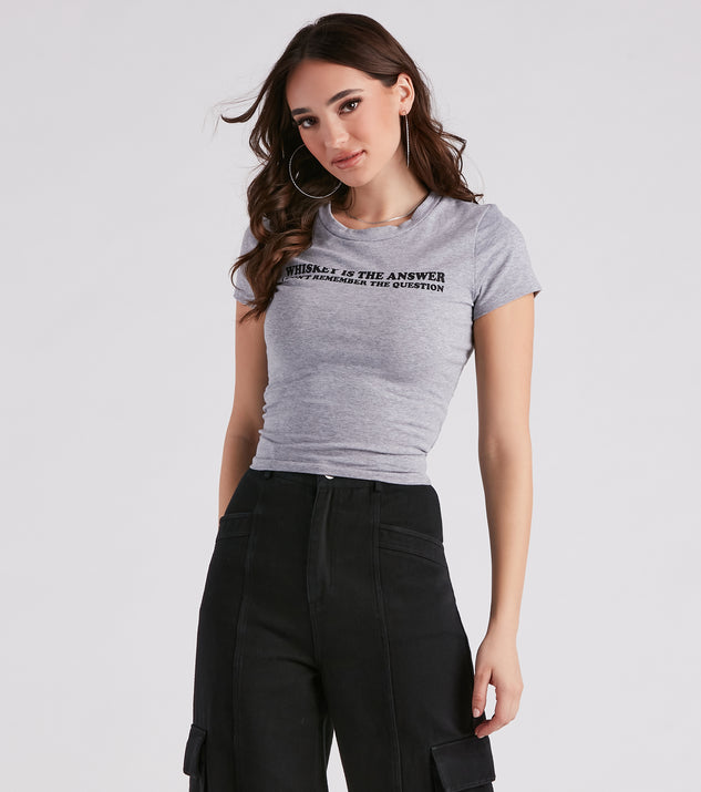 Whiskey Is The Answer Cropped Graphic Tee is a fire pick to create 2023 festival outfits, concert dresses, outfits for raves, or to complete your best party outfits or clubwear!